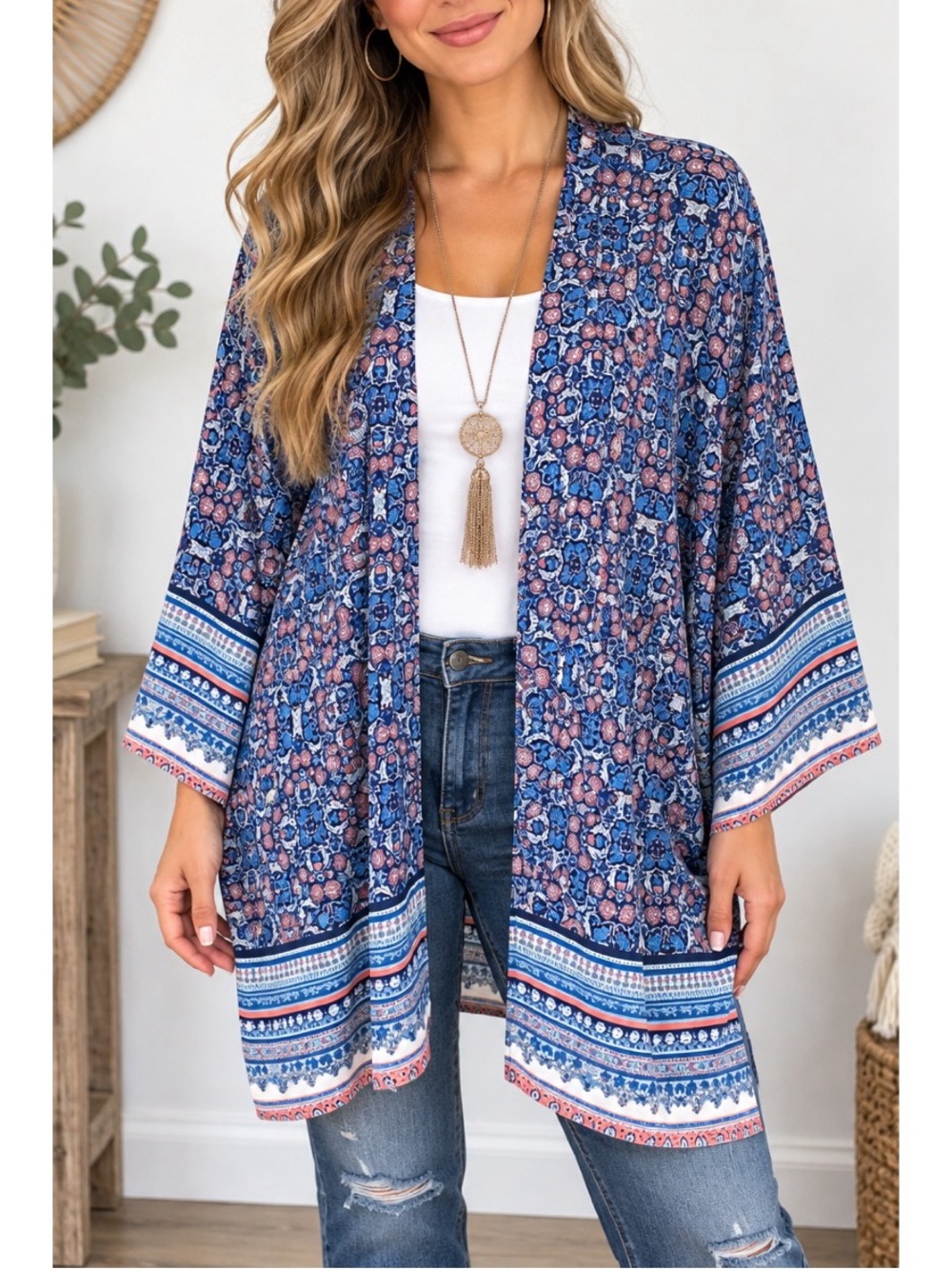 Cozy Casual Blue & Pink Paisley Print Kimono/Shawl, size medium NWT